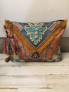 Boho Embroidered Tassel Cosmetic Bag - Coral & Teal